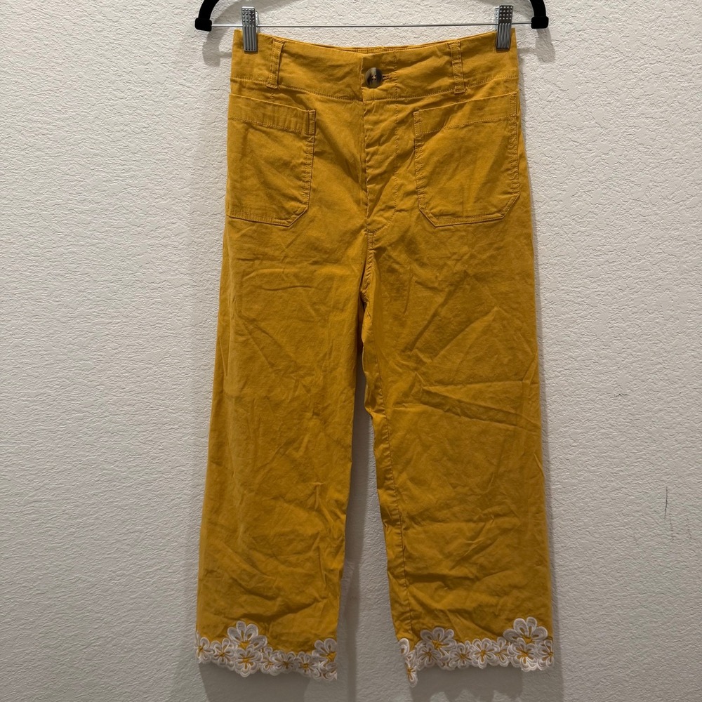 Maeve Anthropologie The Colette Mustard Yellow Floral Eyelet Wide Leg Pants 28